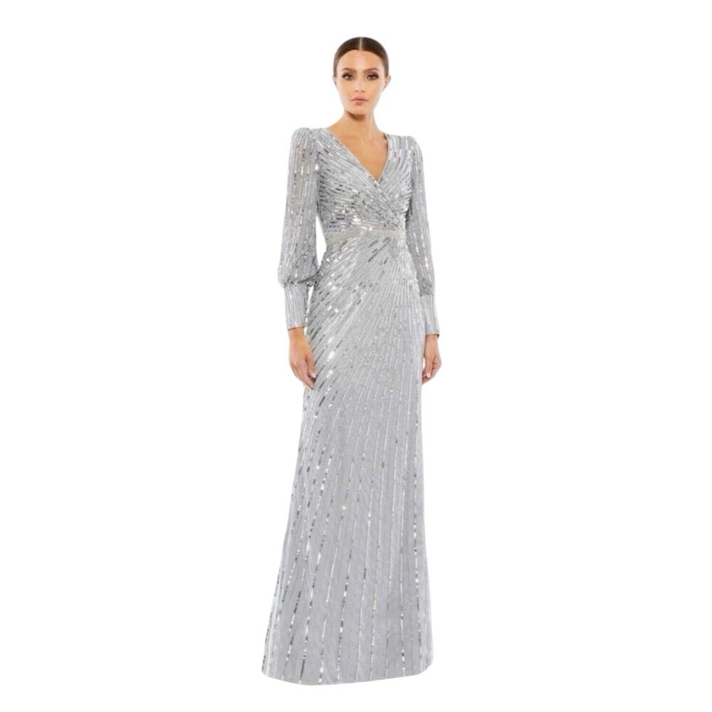 Mac Duggal 5501 Silver Sequin Bishop Sleeve Gown Size 16 $598